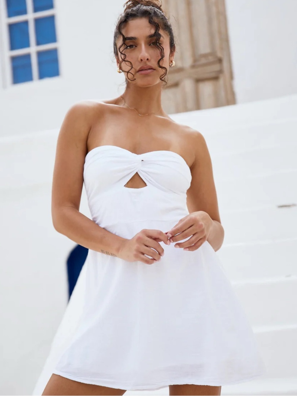 Strapless White Twist-Front Mini Dress